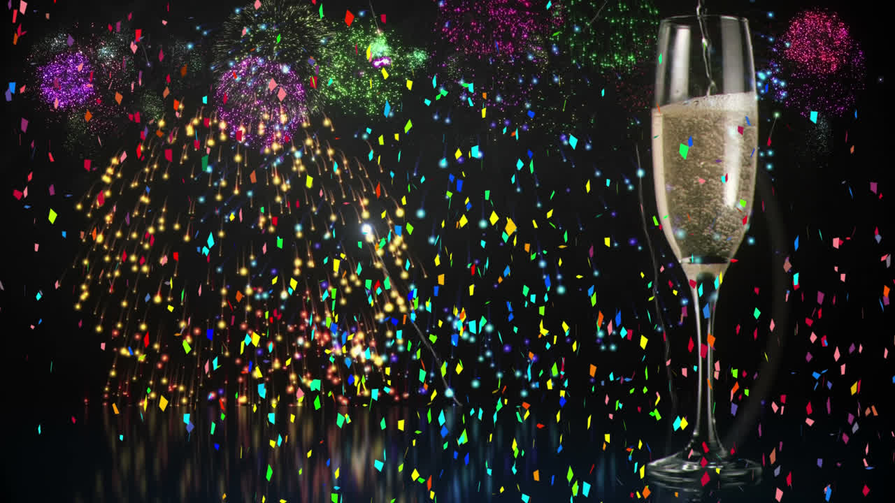 Animatie van veelkleurige confetti die valt over vuurwerk en een champagneglas