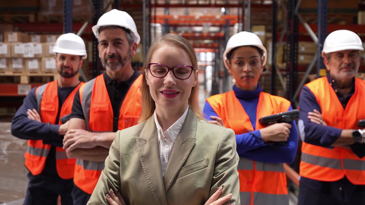 Equipo diverso de almacén de pie juntos en un centro de distribución