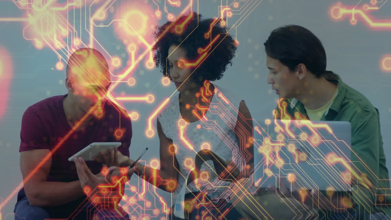 team collaborating across tablet smartphone laptop in technology hub with animated circuit overlay