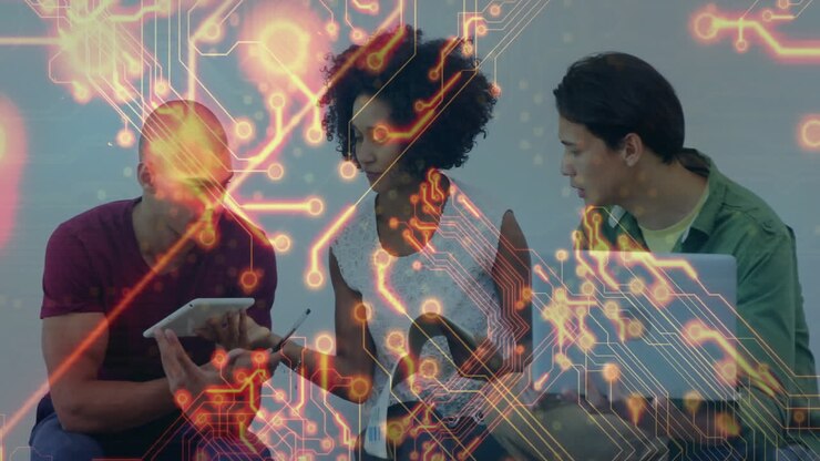 team collaborating across tablet smartphone laptop in technology hub with animated circuit overlay