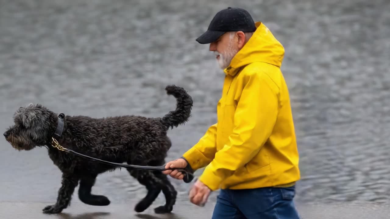 A man in a bright yellow rain jacket walks his black dog along a serene waterfront, emphasizing the joy of companionship and the beauty of outdoor activities in any weather