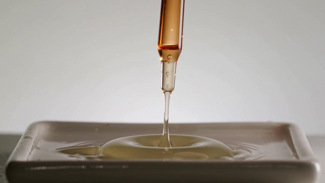 Amber dropper releasing golden droplet as filament thinning, hitting dish in studio, making ripples