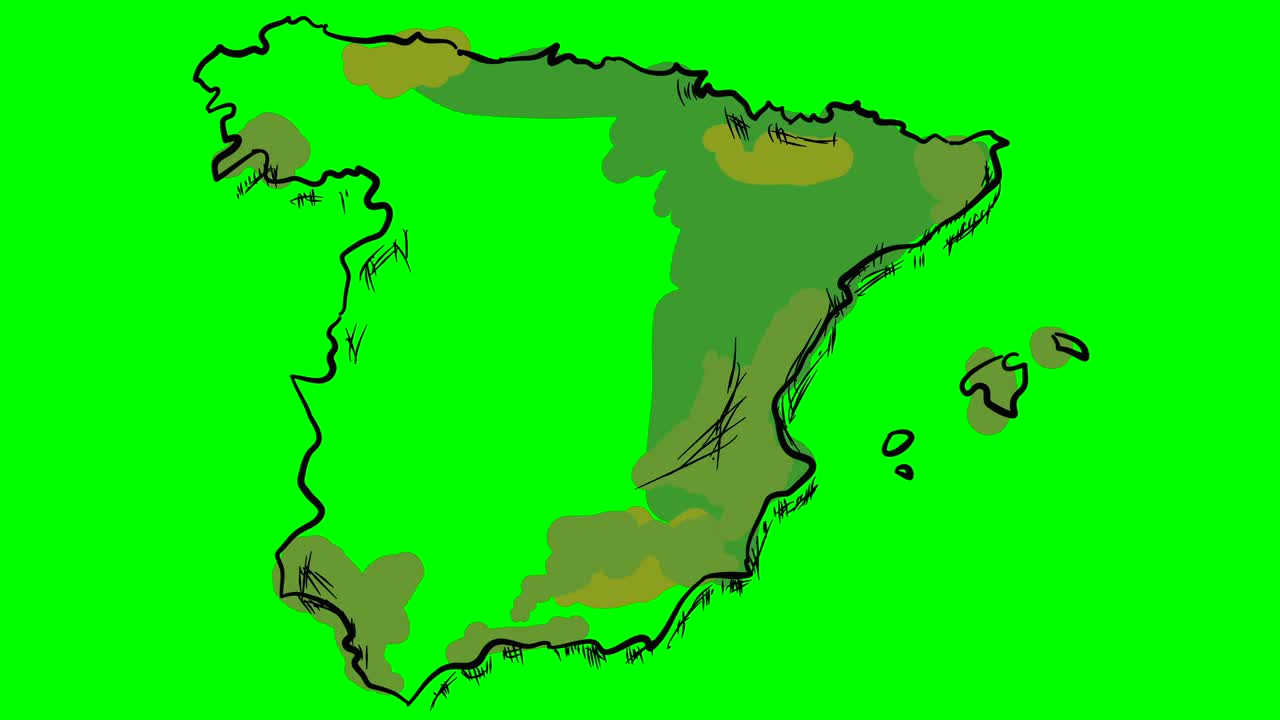 españa dibujando un mapa de colores en una tabla blanca aislada en pantalla verde