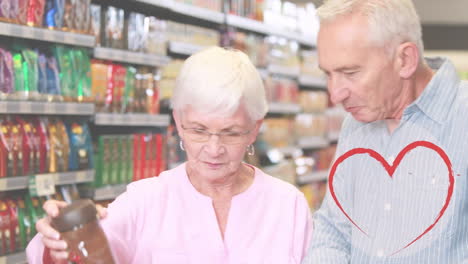 animación de iconos de corazones cayendo sobre una pareja caucásica mayor en la tienda