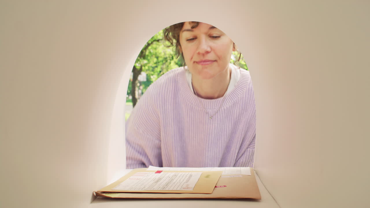 Woman Taking Letters from Mailbox and Reading Labels on Envelopes