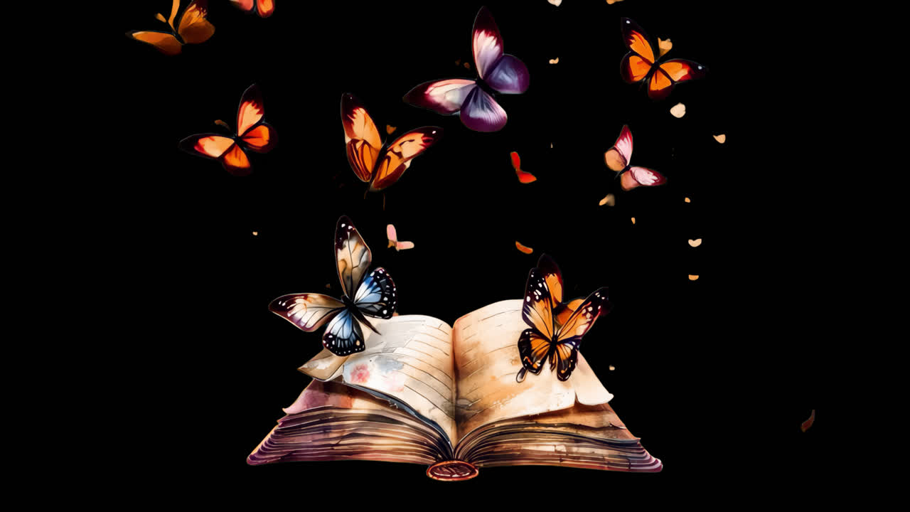 Butterflies emerging from book animated overlay, transparent 4K video, alpha channel, ProRes 4444