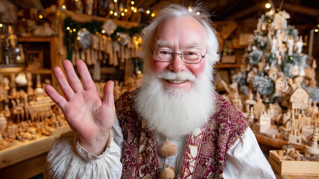 A Joyful Artisan Celebrating Tradition: A Smiling Senior With a White Beard and Festive Attire, Surrounded by Handcrafted Wooden Decorations in a Cozy Workshop