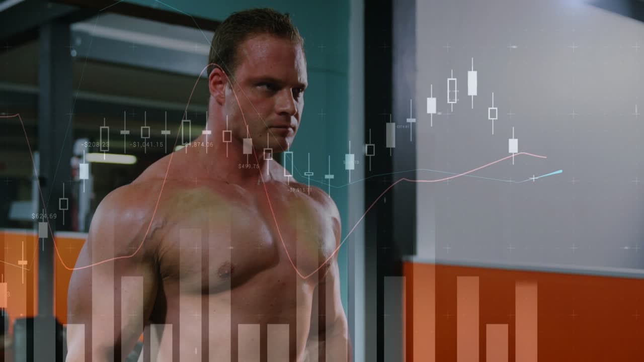 Uomo che solleva pesi ed esegue elevazioni laterali in palestra, grafici finanziari in sovrapposizione sullo specchio che mostrano i progressi