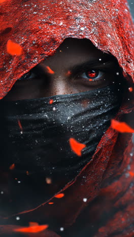 ninja warrior in a red cloak with intense gaze and dark mask