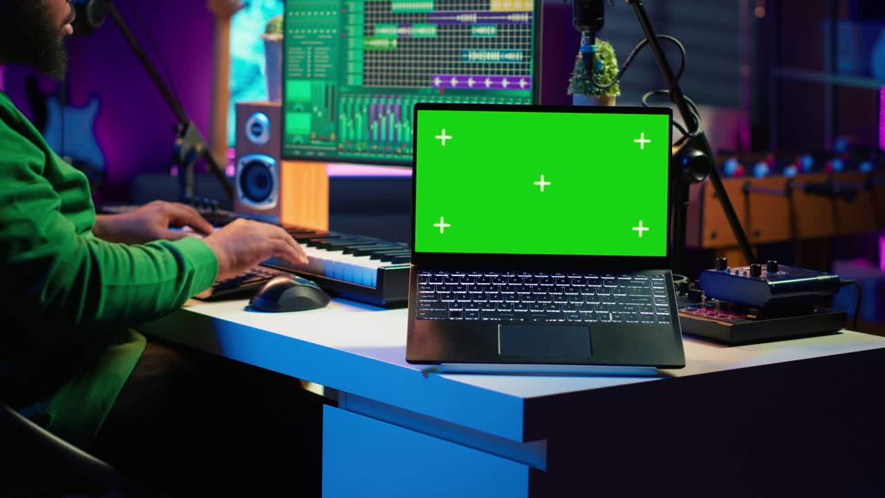 produttore che modifica i suoi file audio e le sue registrazioni su interfaccia digitale pc