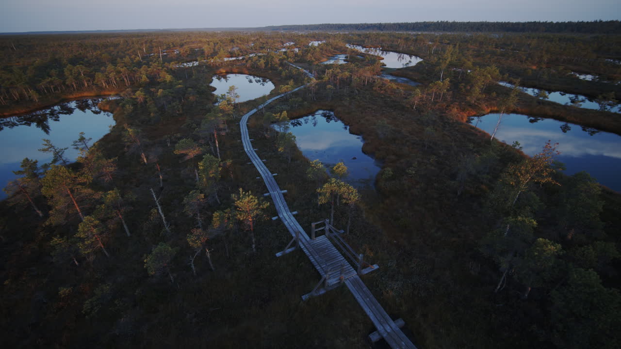 toma panorámica de depósitos de agua y camino en el pantano