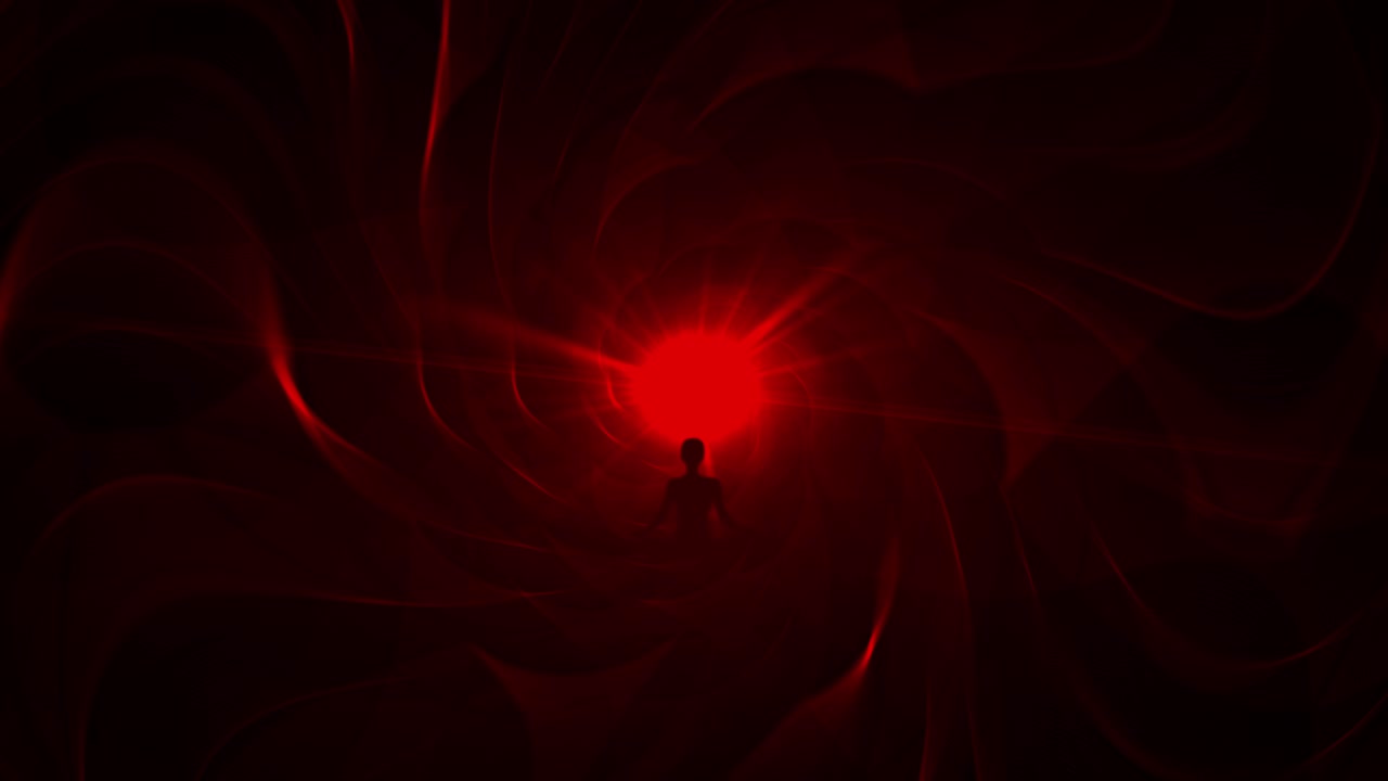 명상하는 사람의 영적 여정, 로터스 요가 자세로, 배경에 반이는 빛이 있는 은색 터널에 앉아 여행하는 사람.