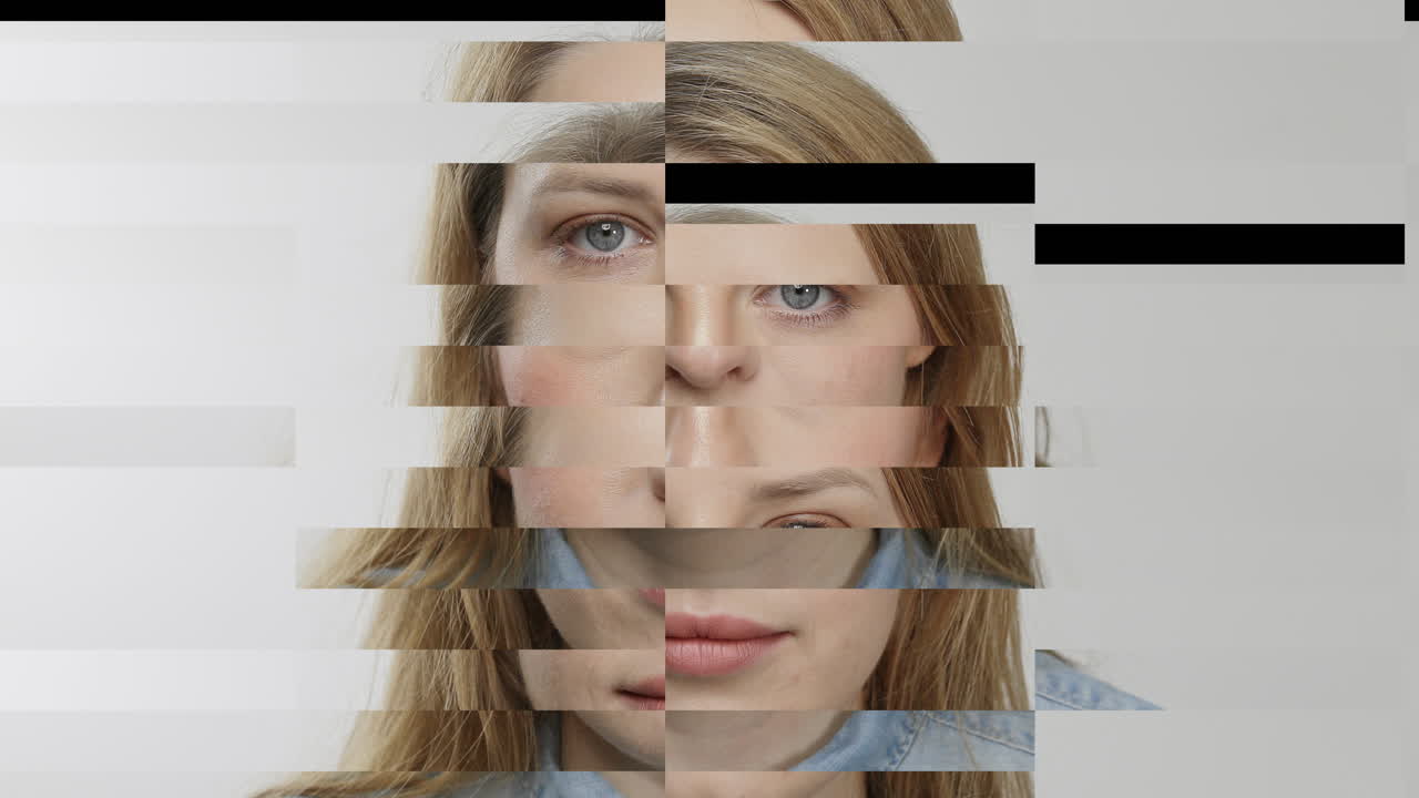 Female head shot breaking into pixelated squares with glitch and distortion