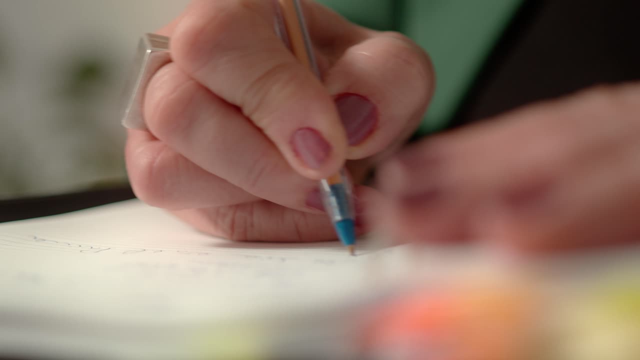 Close-up of a woman's hand writing with a pen on a sheet of paper