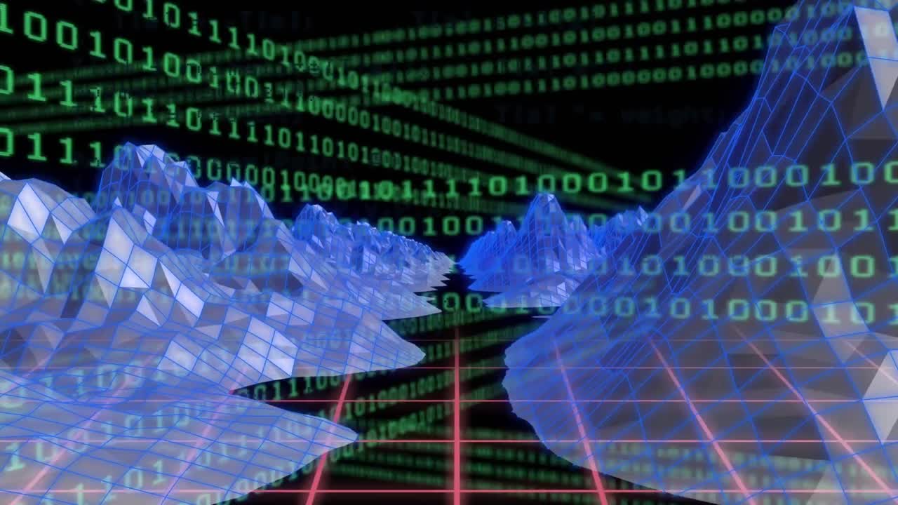 Animation of data processing and digital mountains on black background