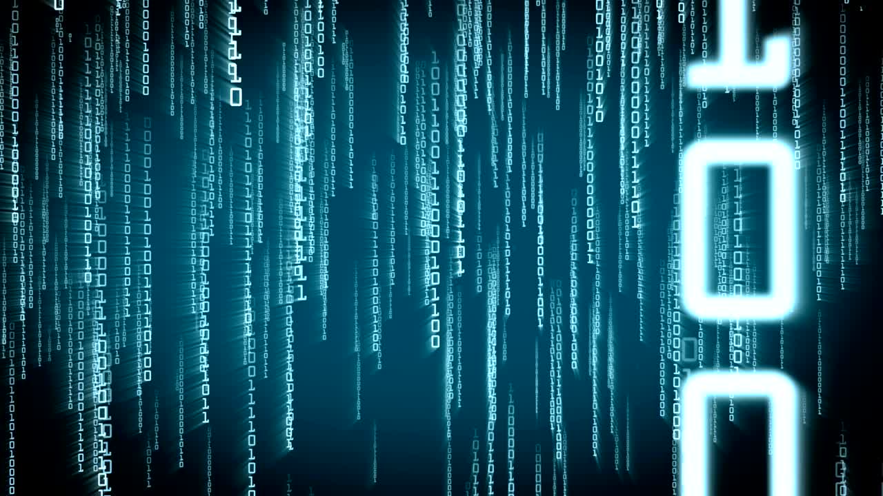 partículas azules binarias que caen en la matriz. concepto de red sin costuras con alfa