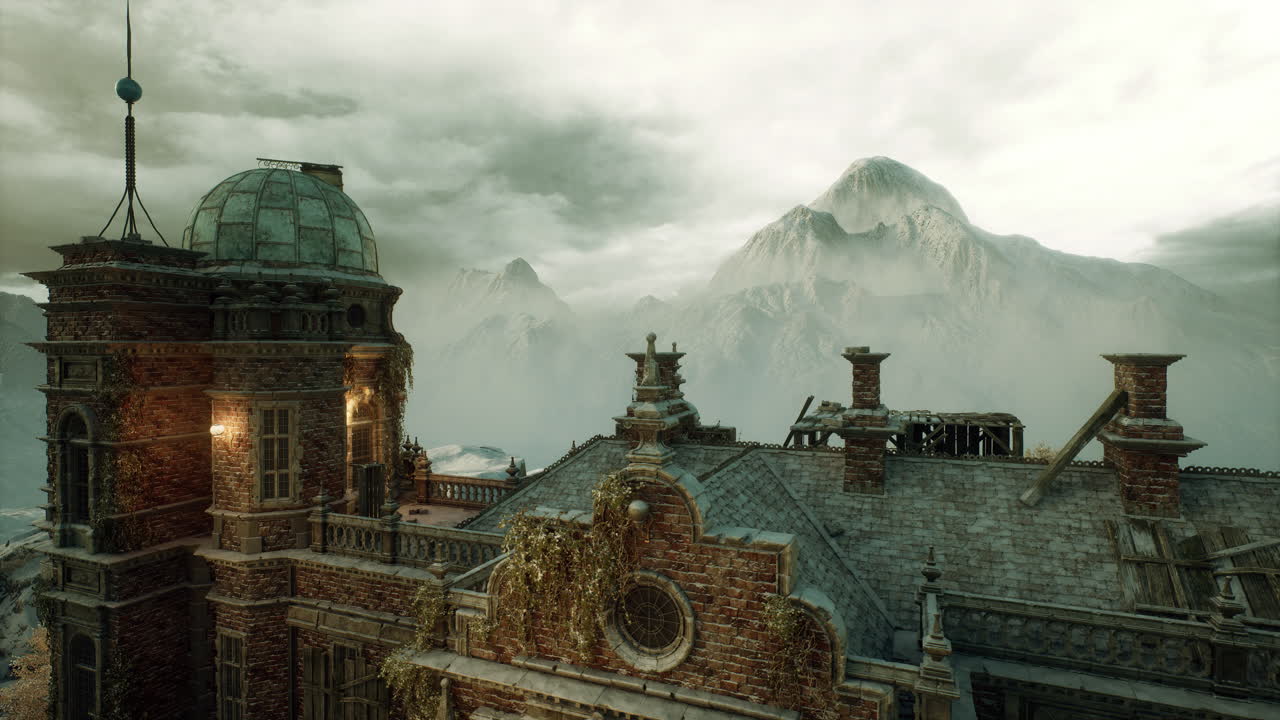 Historical architectural elements with distant mountain backdrop