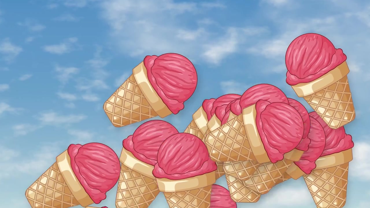 Cones de sorvete rosa ilustrados voam e rolam em um fundo de céu azul ensolarado.