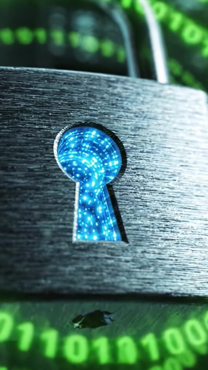 A Close-Up View of a High-Tech Padlock with a Digital Keyhole Glowing in Blue, Surrounded by Streams of Binary Code Representing Data Security and Encryption
