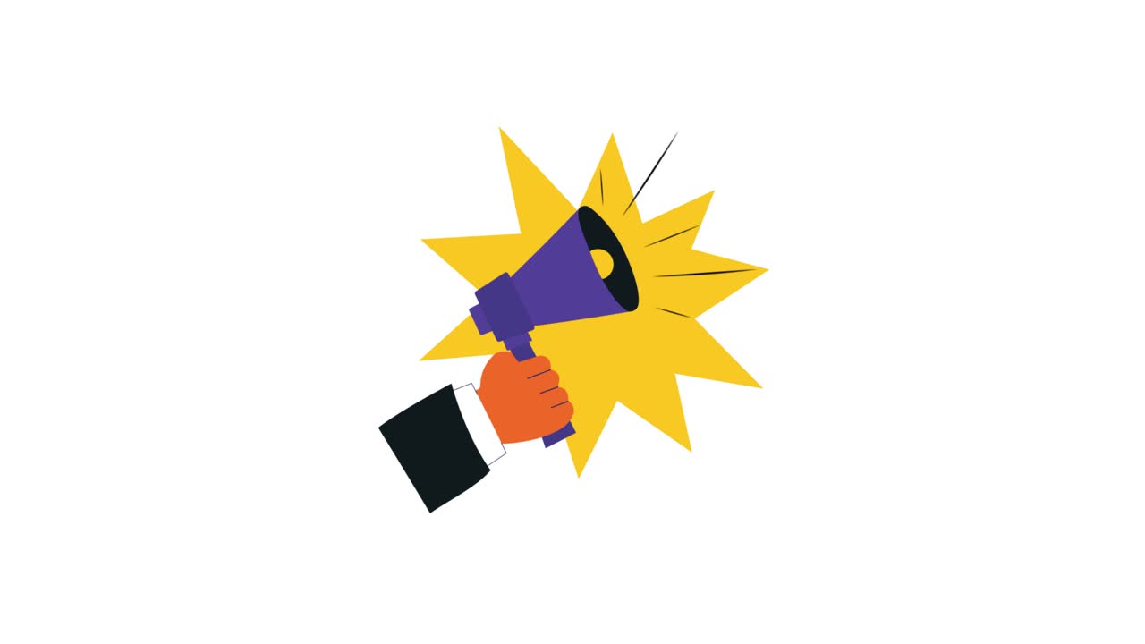 Animated Hand Holding Megaphone with Starburst for Announcement