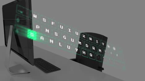 Animation of digital keyboard over office desk with computer