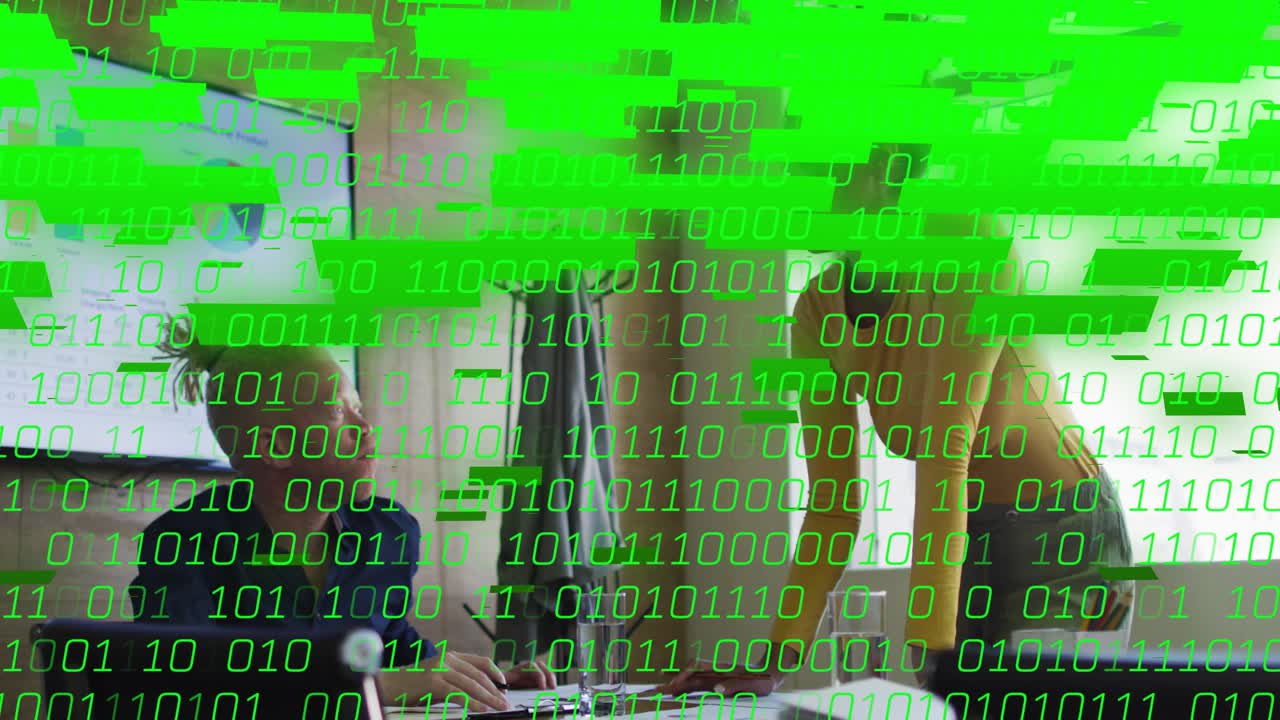 Biz lead leaning and speaking sparking binary overlay while member typing at laptop checking charts