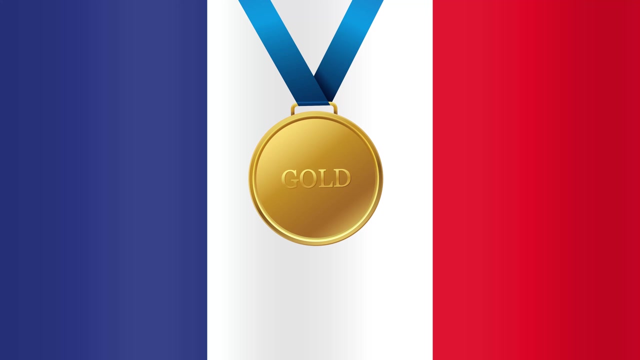 Een gouden medaille daalt neer over een wapperende Franse driekleur in een naadloze animatielus.