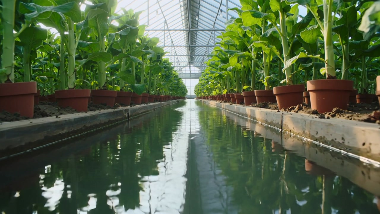 Advancing camera tracking central water channel in glass greenhouse, revealing reflections and pots