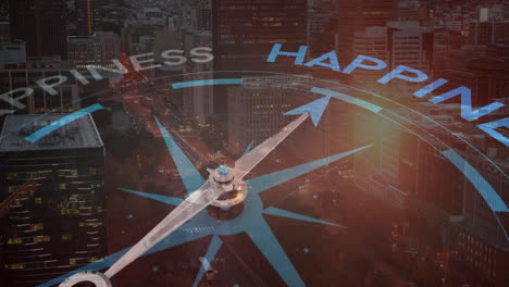 pointing towards happiness, compass needle over cityscape with animation at sunset