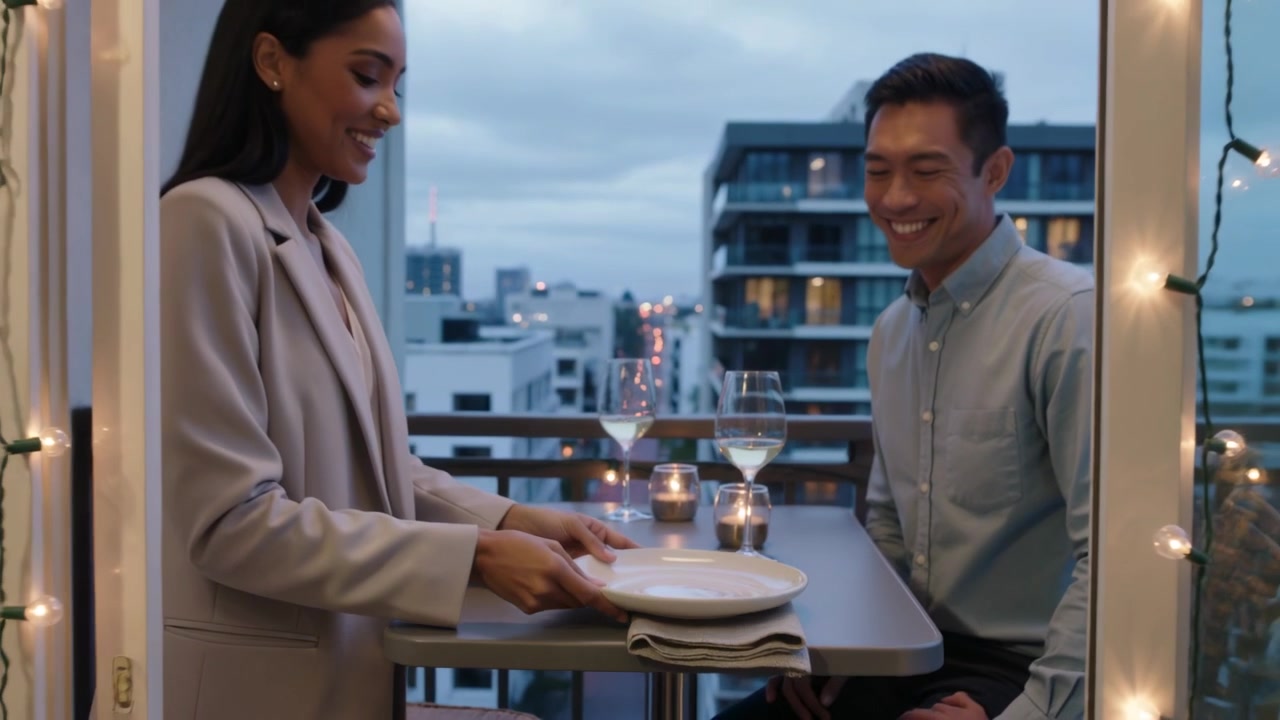 Donna in blazer che prende un tovagliolo, lo liscia e posiziona un piatto su un tavolo da balcone per cenare, con candele.