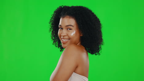 face, green screen and woman with cream