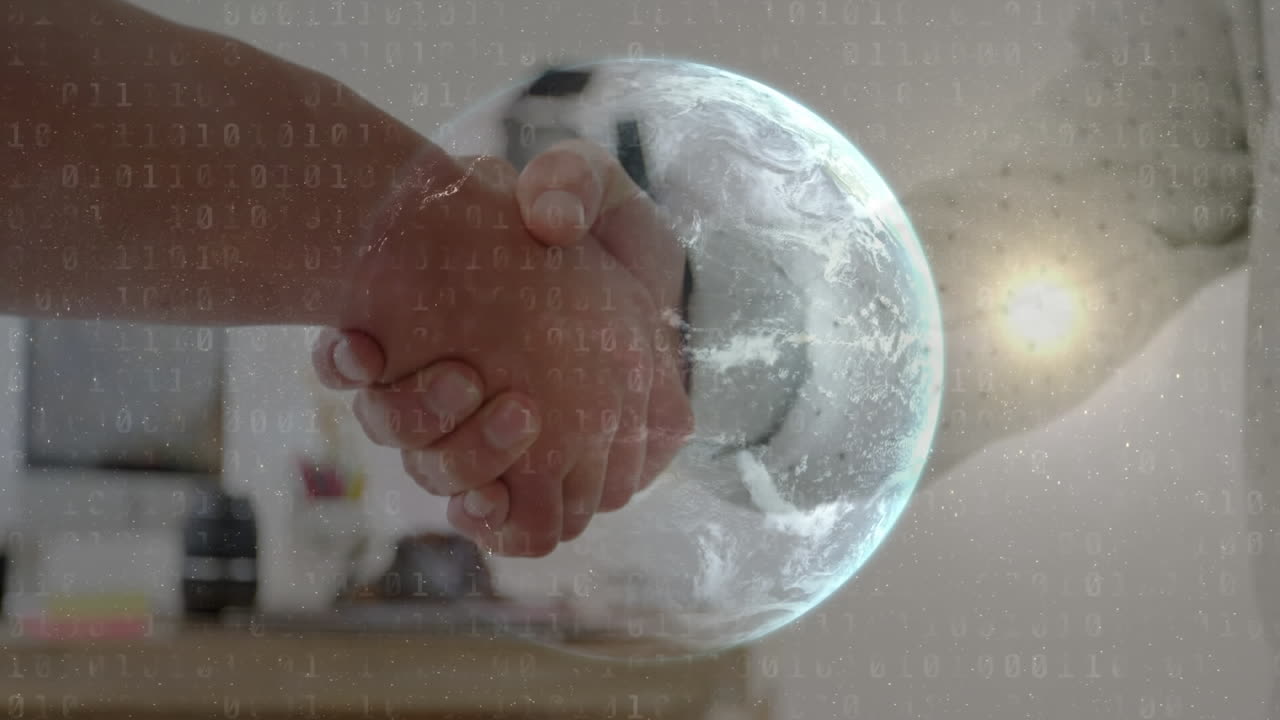 manos estrechando y un globo en la galaxia con números binarios