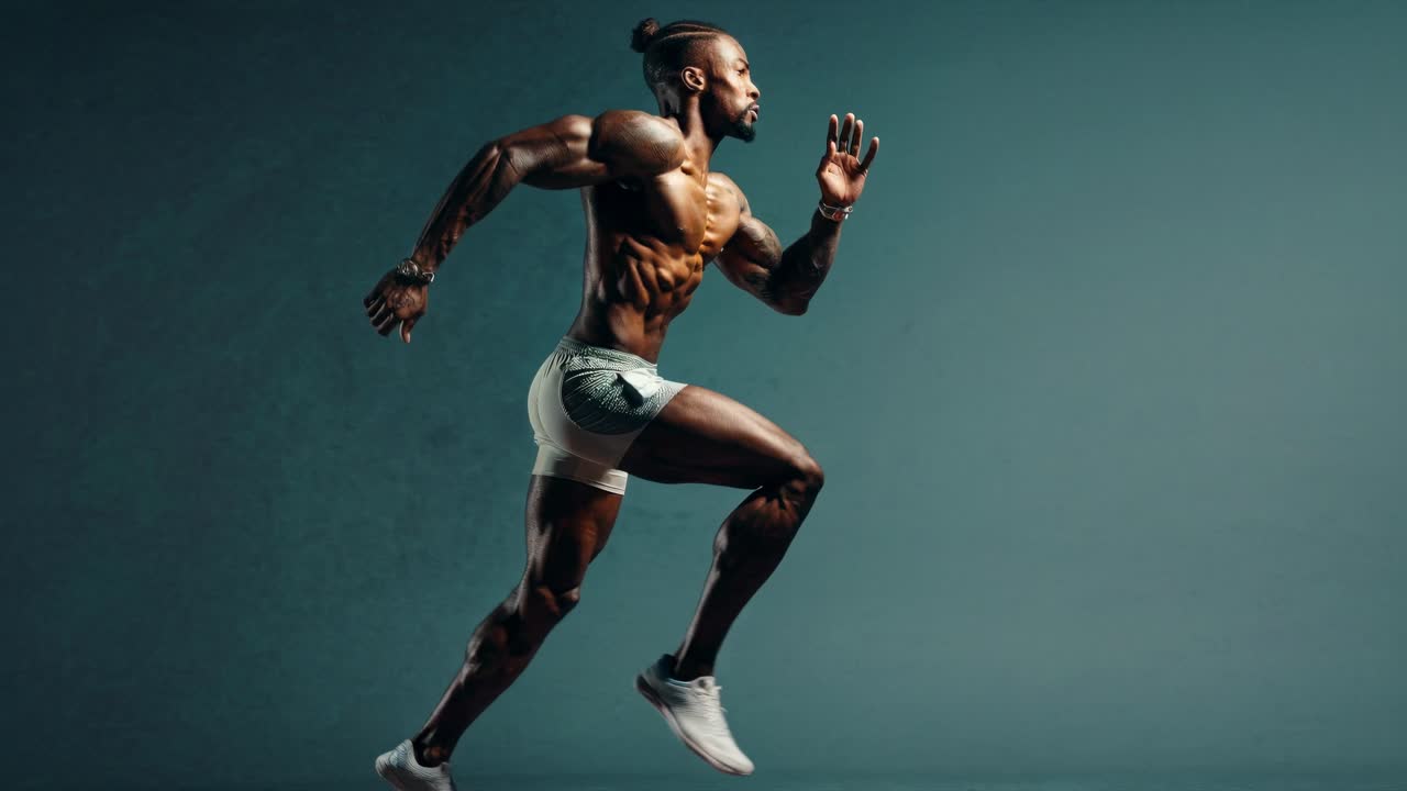 Inquadratura laterale dinamica di un uomo muscoloso che corre, che mette in mostra la sua forma fisica e la sua forza