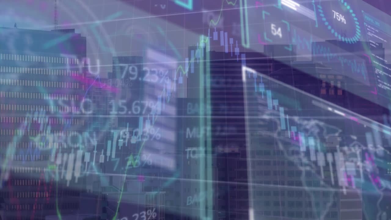 Animation of financial data processing over dark cityscape