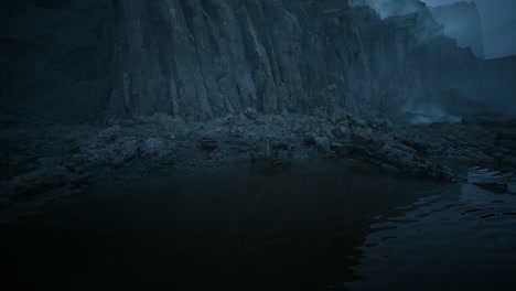 mysterious rocky landscape at twilight with calm water reflections