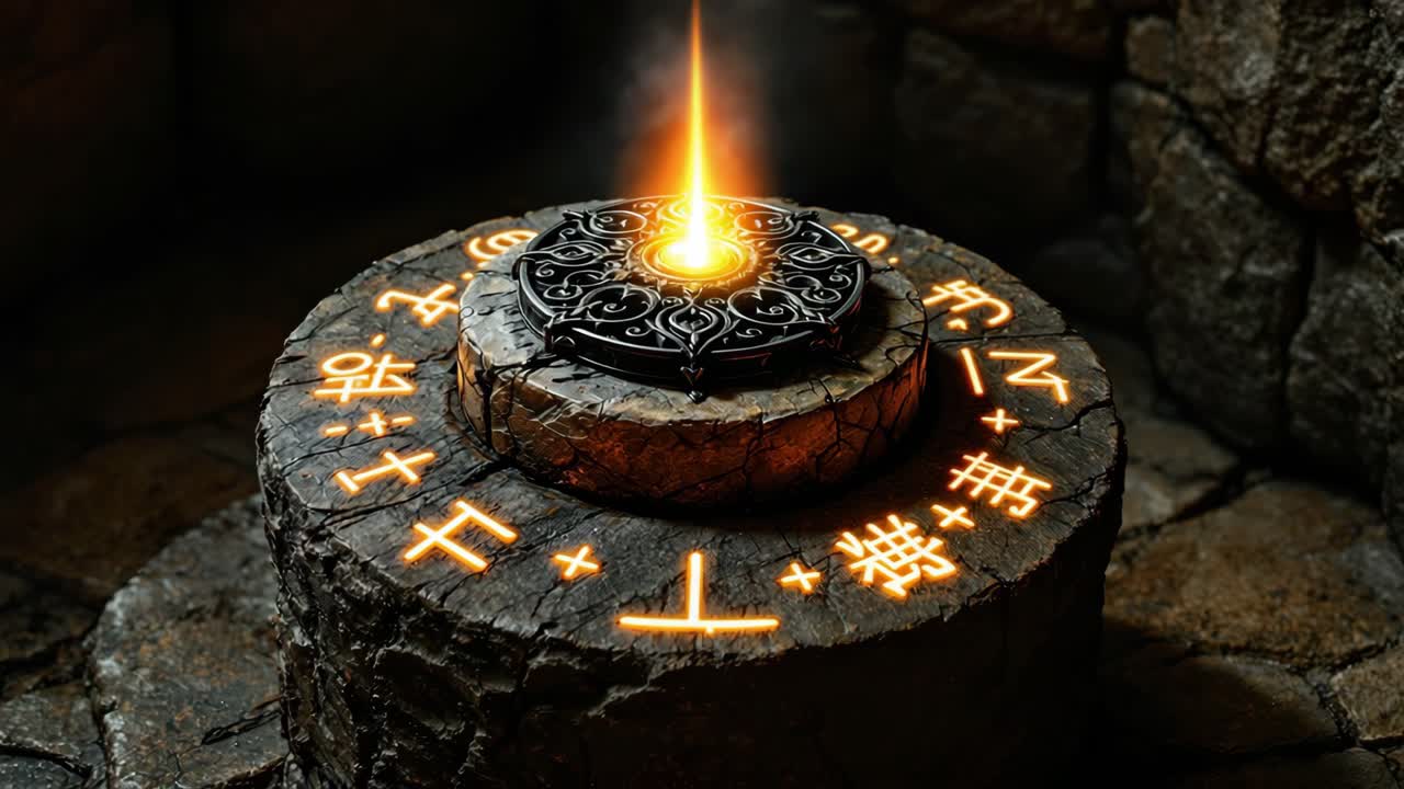 Ancient Stone Pedestal with Glowing Mystical Symbols