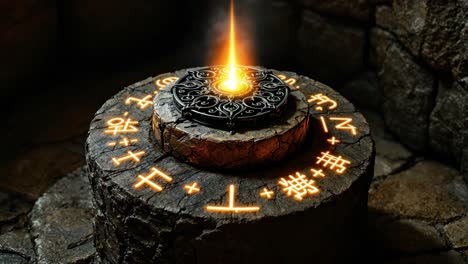 ancient stone pedestal with glowing mystical symbols