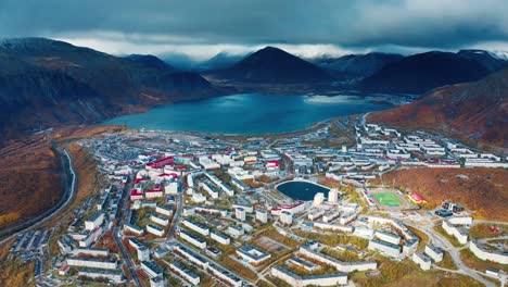 aerial view of the kirovsk town located in khibiny mountains in kola peninsula in russia