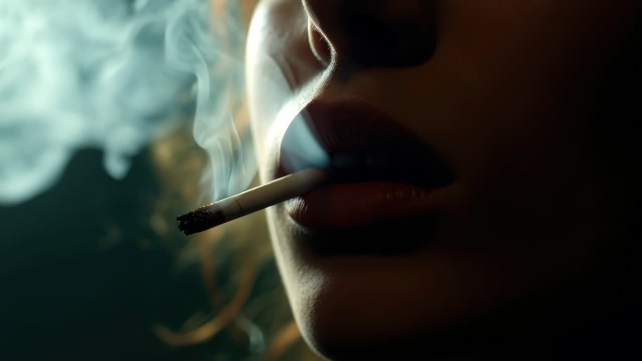 Primo piano, inquadratura dal basso di una persona che fuma, che cattura il fascino misterioso del fumo