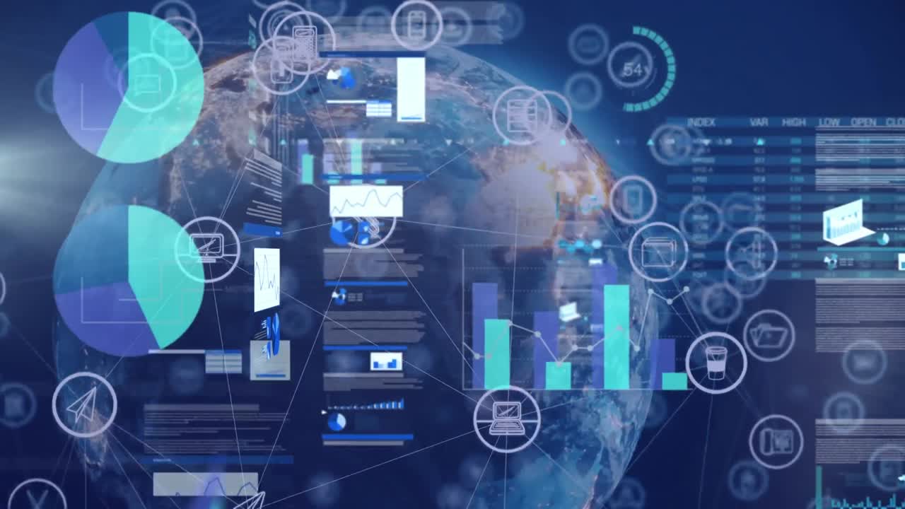 Animation of interface with statistical data processing against network of digital icons over globe