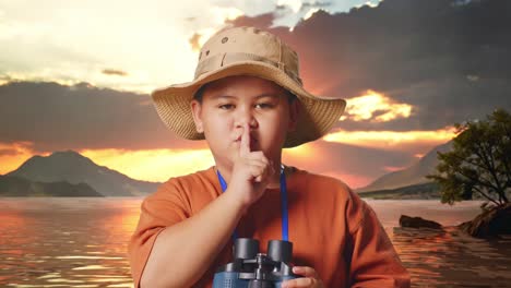 asian boy with a hat looking through binoculars then making shh gesture at a lake. boy researcher examines something, travel tourism adventure concept, close up