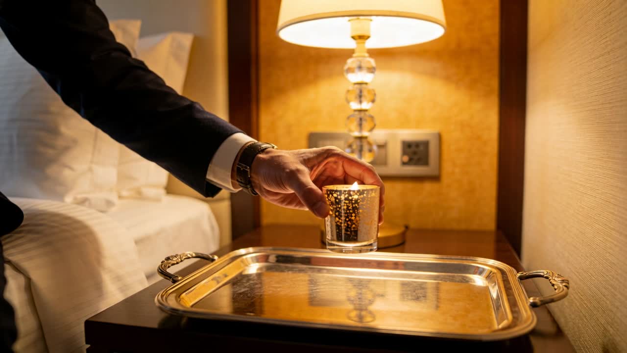 Mano in abito che si allunga, posizionando una candela accesa in un portacandele d'oro su un vassoio d'argento accanto a una lampada, in camera d'hotel.