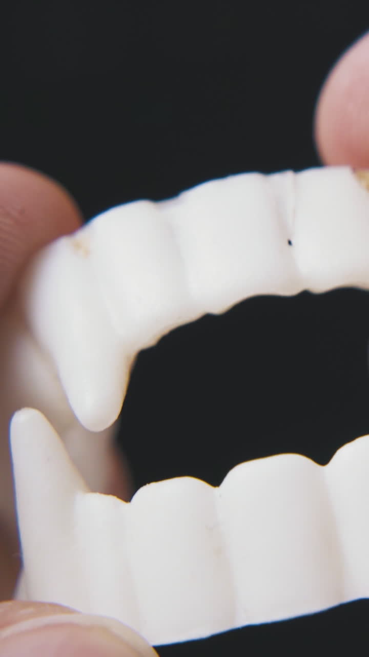 man hands hold white plastic toy vampire teeth by hands on black background extreme close view