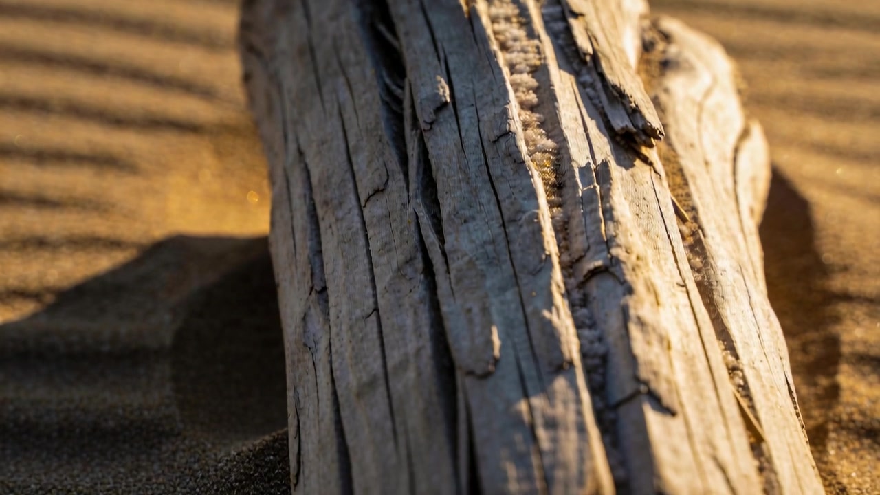 Telecamera che si avvicina e sale lungo un tronco di legno trasportato dalla corrente sulla sabbia increspata, rivelando la corteccia che si stacca.
