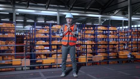 full body of asian male engineer with safety helmet prays for something while standing in the warehouse with shelves full of delivery goods