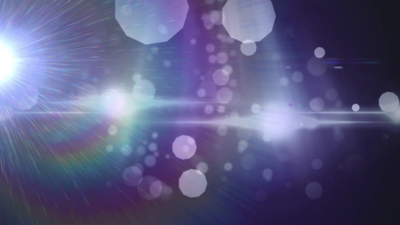 Fascio di luce brillante a sinistra che emette alone bokeh, si sposta a destra con un'ampia scia pulsante che crea un bagliore ambientale.