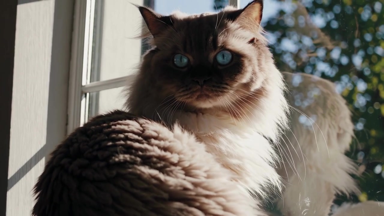 Gatto Ragdoll Soffice Seduto sul Davanzale della Finestra che Guarda Fuori