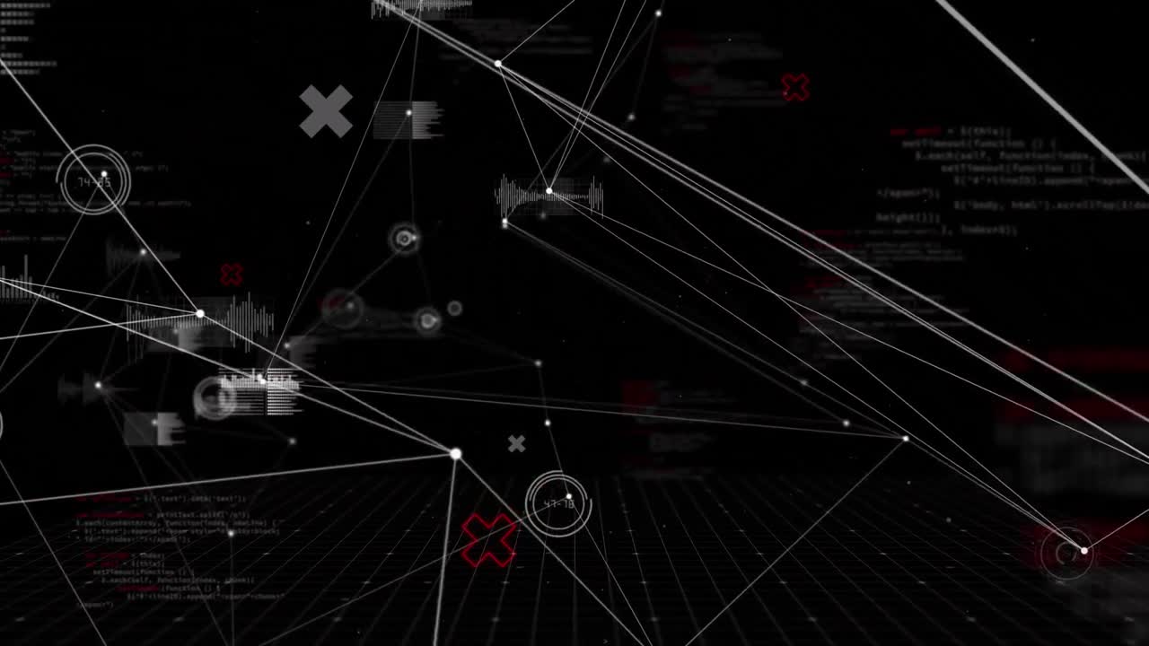 Animation of data processing over connections on black background