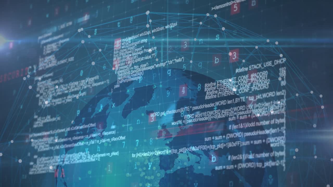 Animation of data processing and network of connections over globe
