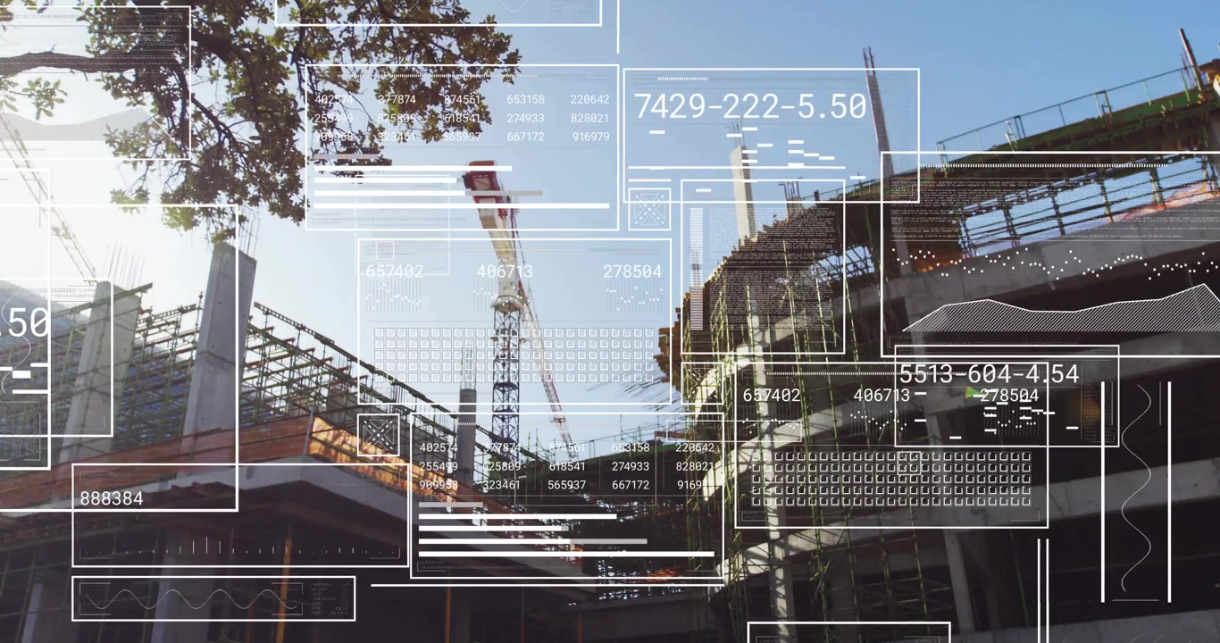 Digital overlays fading in starting frame analysis, crane arm swinging and workers inspecting beam